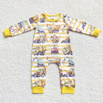 Toddler boy excavator yellow striped zipper romper