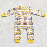 Toddler boy excavator yellow striped zipper romper