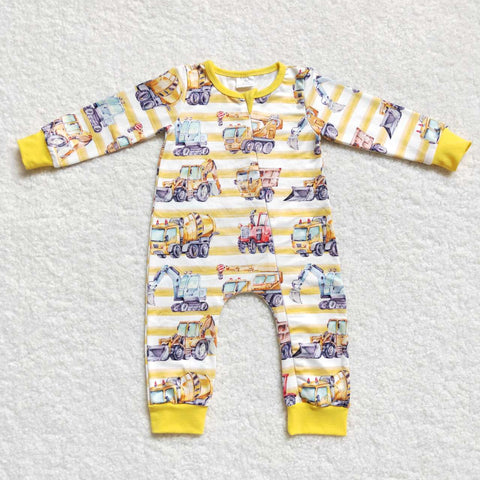 Toddler boy excavator yellow striped zipper romper