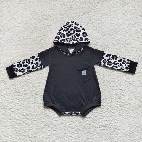 Smiley pocket baby leopard black hooded romper