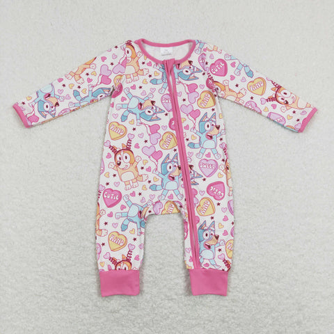 LR0886 baby girl cartoon dog baby valentines day clothes zipper romper