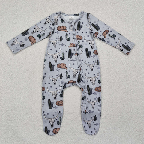 LR2098 Blue Cow Cactus Hat Print Long Sleeve Baby Toddler Clothes Button Romper