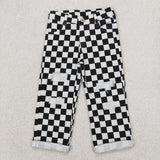 P0122 Black & white checkered ripped pants for little girls