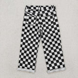 P0122 Black & white checkered ripped pants for little girls