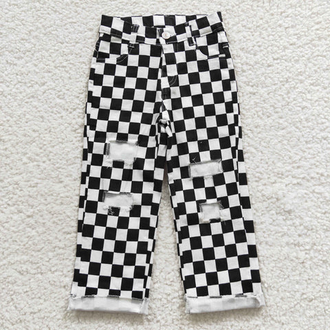 Black & white checkered ripped pants for little girls