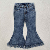 P0132 Light blue kids girl flare fringe denim jeans