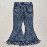 P0132 Light blue kids girl flare fringe denim jeans