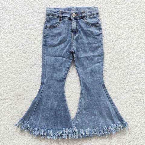 Light blue kids girl flare fringe denim jeans