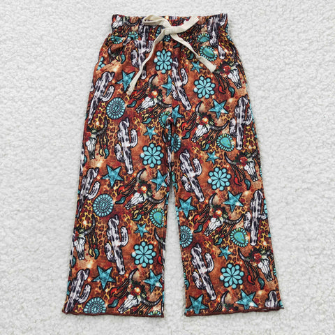 Cow print turquoise girls western long loose pants