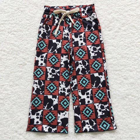 Cow print patchwork pattern girls long straight pants