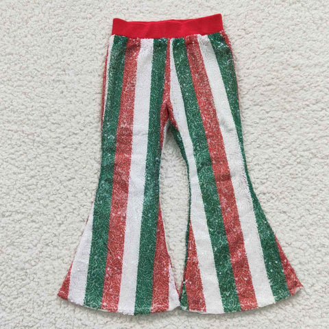 Little girl green & white striped sequined flare pants