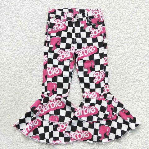 Children Barbie Checkered Double Bell Jeans