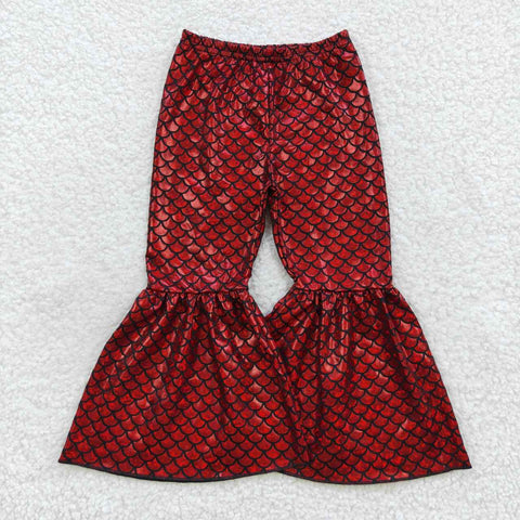 Girl red fish scale pattern bell bottom pants