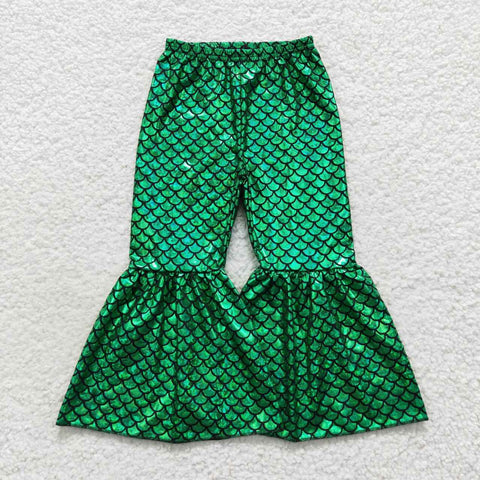 Girl green fish scale pattern bell bottom pants