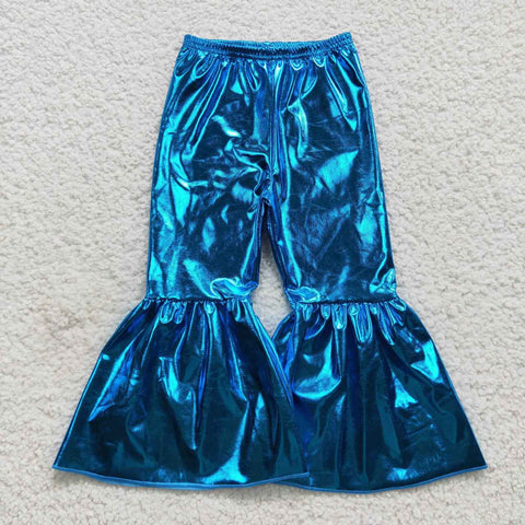 Girl blue glossy bell bottom pants