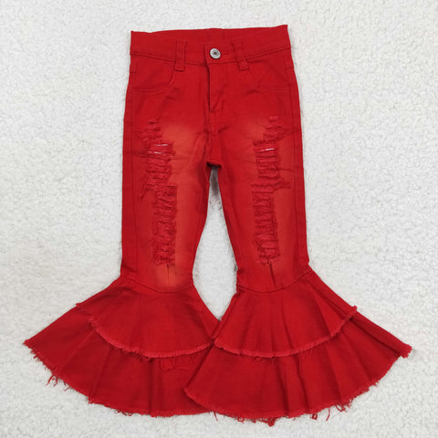 Girl red ripped double bell denim jeans