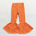 Girl orange ripped double bell denim jeans