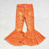 Girl orange ripped double bell denim jeans