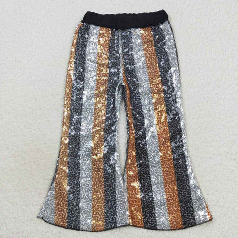 Kids girl sequins black striped flare long pants