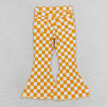 P0468  baby girl clothes yellow gingham girl bell bottom pant jeans pant