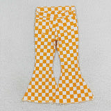 P0468  baby girl clothes yellow gingham girl bell bottom pant jeans pant