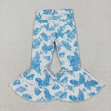 P0762  baby girl clothes light blue ink pattern girl bell bottoms pant jeans