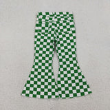 P0841  baby girl clothes green gingham girl bell bottoms pant jeans