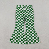 P0841  baby girl clothes green gingham girl bell bottoms pant jeans