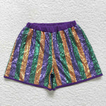 Adult girl striped glitter sequined purple yellow green shorts