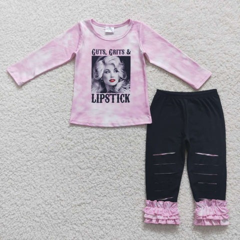 GLP0760 pink long sleeve shirt and black pants girls outfits