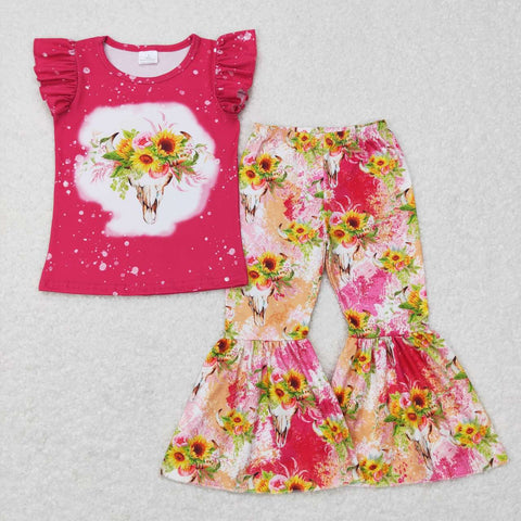 GSPO0913 red flower short sleeve shirt and pants girl outfits