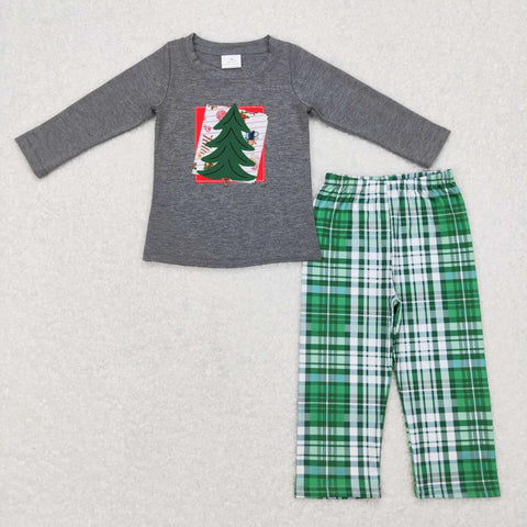BLP0351 christmas tree gray long sleeve shirt and pants boy pajamas