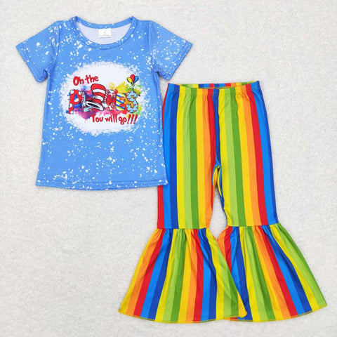 GSPO0924 blue shirt and colorful bell bottom girls clothes set