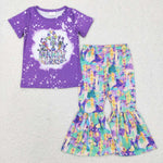 GSPO1016 purple shirt and colorful bell bottom girls clothes set