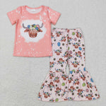 GSPO1055 cow flower short sleeve shirt and pants girl outfits