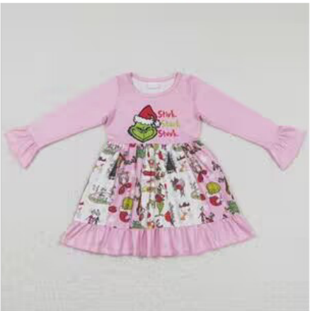 GLD0457 Kids christmas pink long sleeve dress