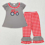 GSPO0972 gray short sleeve shirt and red long pants girls outfits