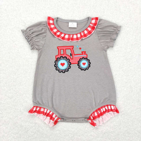 SR0489 Valentine's Day tractor gray short sleeve romper