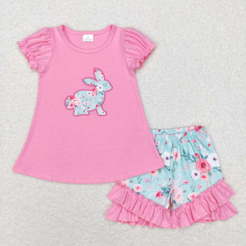 GSSO0386 rabbit pink short sleeve shirt and pants girls outfits