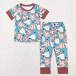 BSPO0238 blue cow short sleeve shirt and long pants boy outfits