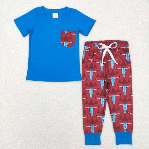 BSPO0188 blue short sleeve shirt and cow red pants boy outfits