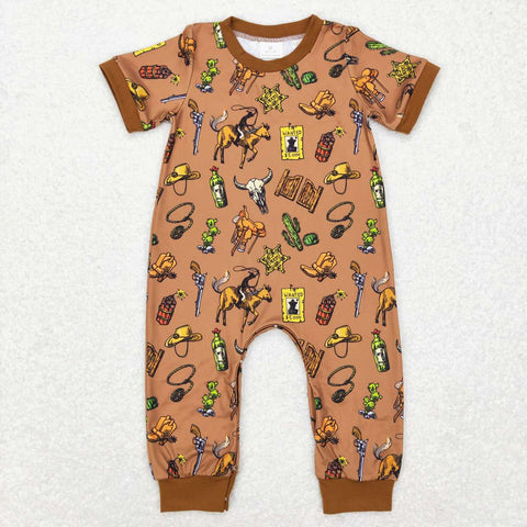 SR0569 cow riding horse star boots brown short sleeve romper