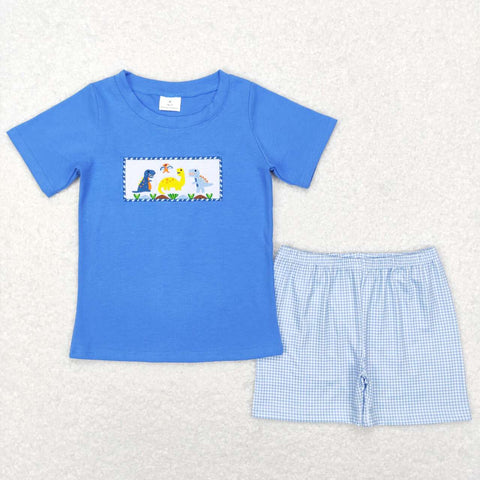 BSSO0293 dinosuar blue short sleeve shirt and shorts boy outfits