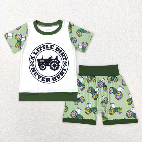 BSSO0328 tractor green white short sleeve shirt and shorts boy outfits