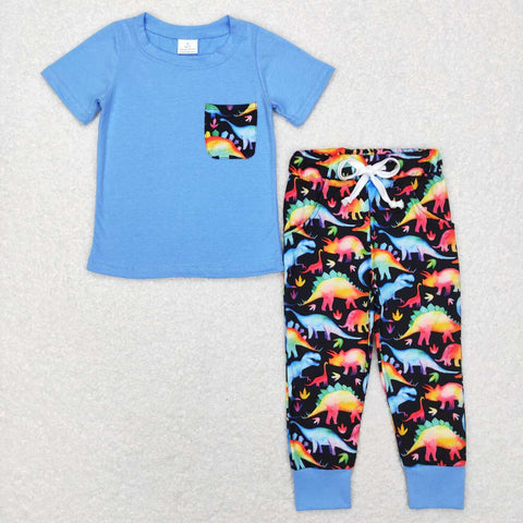BSPO0206 blue short sleeve shirt and colorful dinosuar pants boy outfits