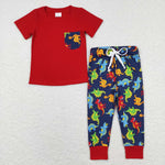 BSPO0173 dinosuar red short sleeve shirt and blue pants boy outfits