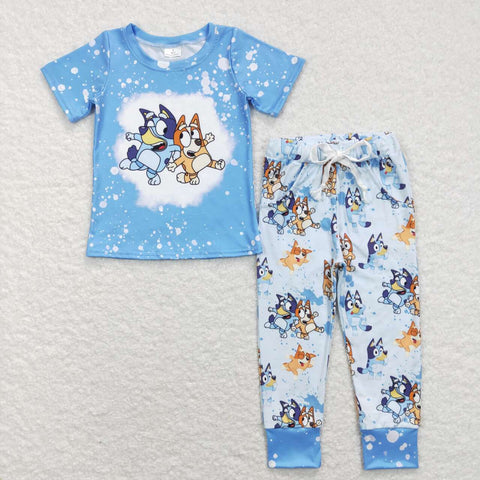 BSPO0222 dog blue short sleeve shirt and pants boy outfits