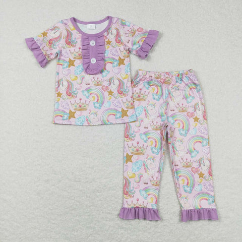 GSPO0949 purple short sleeve shirt and pants girl outfits