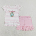 GSSO0382 pink short sleeve shirt and shorts girls outfits