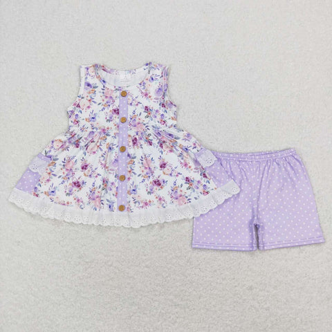 GSSO0402  flower purple short sleeve shirt and shorts girls outfits